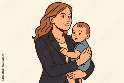 Working mother holding her baby. Businesswoman embracing child. Concept of work-life balance, career and family. Modern woman juggling motherhood and professional life. Vector.