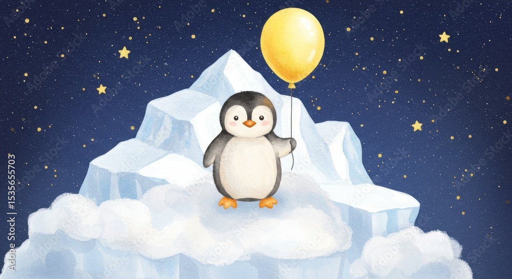 Obraz premium Watercolor Penguin's Night Sky Adventure - A cute watercolor penguin holds a yellow balloon, standing on a cloud-like iceberg under a starry night sky.