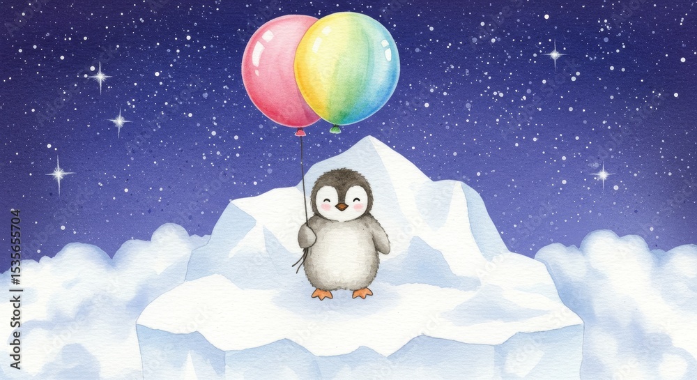 Fototapeta premium Watercolor Penguin Balloon Adventure on Iceberg - A charming watercolor painting of a penguin holding balloons on a snowy iceberg under a starry sky.