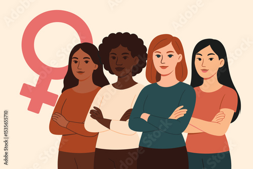 Empowered diverse women standing together. Female solidarity, sisterhood, and feminism concept. Gender equality and women's rights vector illustration with female sign.