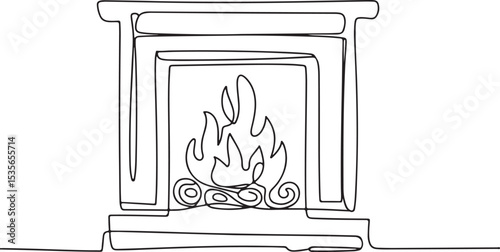 continuous line drawing of a traditional fireplace with dancing flame and firewood in a modern black and white silhouette style

