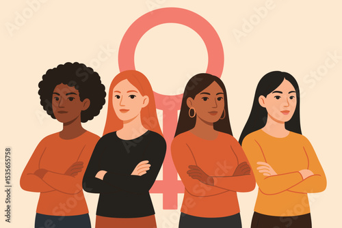 Group of diverse empowered women stand together with arms crossed. Feminism, sisterhood, girl power concept. Vector illustration for International Women's Day, women's rights.