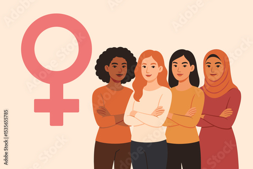Empowered women of different ethnicities standing together. Feminism, girl power, sisterhood, and female solidarity concept. Diverse group of women with gender symbol vector.