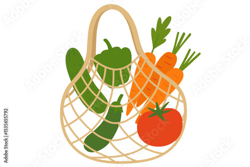 Eco-friendly reusable mesh shopping bag filled with fresh vegetables including green bell pepper, cucumbers, vibrant carrots, and ripe red tomato, healthy grocery concept