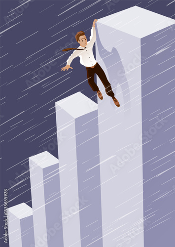 Businessman dangerously hangs on the edge of the abyss in the storm. Concept allegory. Fall in career growth. Financial crisis and bankruptcy. Cartoon vector illustration