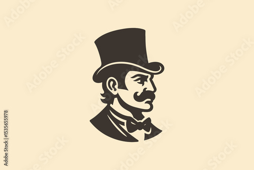 Gentleman in top hat profile, vintage flat style vector logo illustration