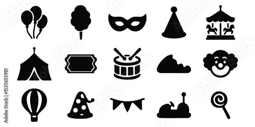 Set of carnival and circus-themed silhouette icons including masks, tents, drums, and clown faces, ideal for festival and event designs