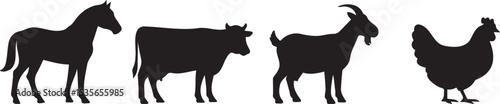 Set of domestic farm animal silhouettes including horse, cow, goat, and chicken in black on white, ideal for agriculture and rural themes