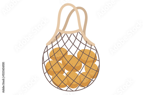 Potatoes in a reusable mesh shopping bag. Eco friendly string bag with fresh raw vegetables from the market. Concept of zero waste, plastic free, sustainable living and healthy food.
