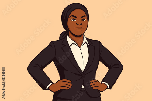 Empowered Black businesswoman in hijab standing confidently. Strong Muslim female leader portrait. Concept of diversity, inclusion, corporate success, and women's empowerment.
