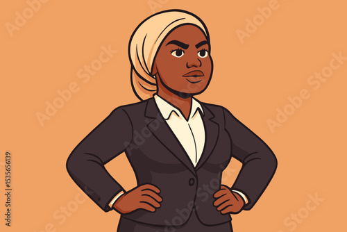 Empowered Muslim businesswoman in hijab and suit. Confident black female leader in power pose with hands on hips. Vector illustration for diversity, inclusion, and feminism.