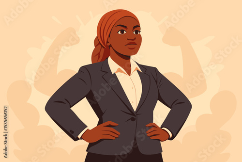 Empowered Black businesswoman in a hijab showing strength. Confident female leader concept for feminism, equality, and women's rights. Muslim professional power vector illustration.
