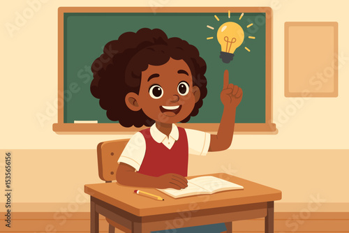 Happy African American student girl in classroom has a brilliant idea. Smart pupil raising hand with lightbulb icon. Concept of education, learning, school, and creativity. Vector.