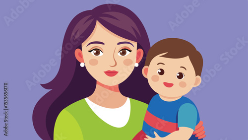 Cartoon Woman Holding Young Boy, Mother and Child Illustration Art Design