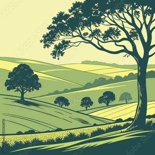 Rolling Green Hills Landscape with Trees: Vector Art