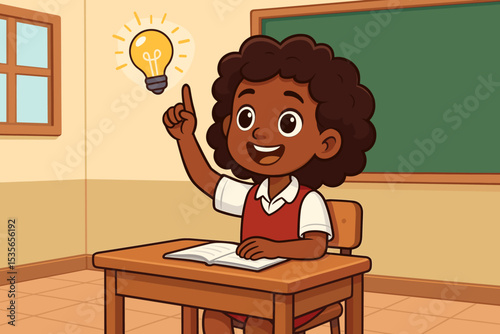 Smart African American student girl has a brilliant idea in the classroom. Happy kid at a school desk with a lightbulb. Concept of education, learning, inspiration, and eureka.