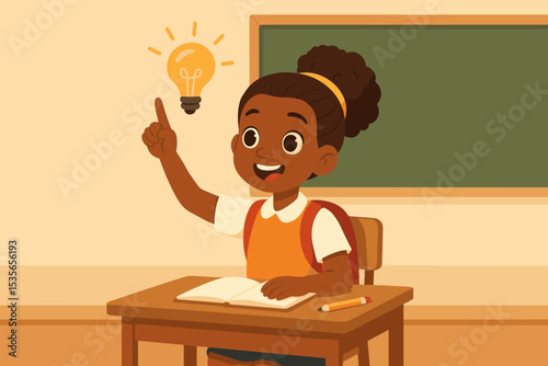 Smart African American student girl having an idea in class. Happy pupil raising hand with lightbulb. Concept of education, learning, eureka, inspiration, discovery, knowledge, insight.
