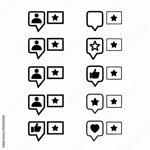 Create a set of diverse, modern icons representing user comments, feedback, reviews, ratings, and responses.  Include both positive and negative feedback symbols.