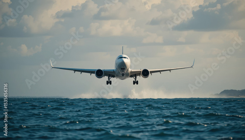 Airplane Taking Off Above Ocean Surface Under Cloudy Sky Showing Wings Engines And Landing Gear	
