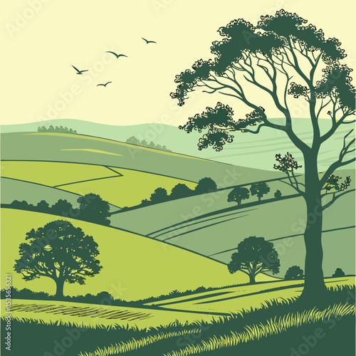  Classic English Countryside Landscape: Rolling Hills and Trees Vector Art