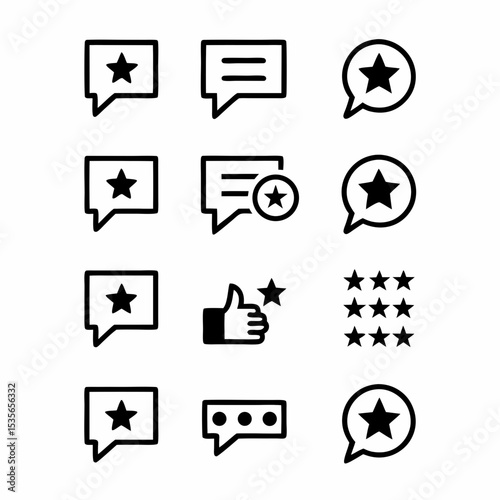 Design a set of diverse, modern icons representing user comments, feedback, reviews, ratings, and satisfaction.  Include positive and negative feedback symbols.