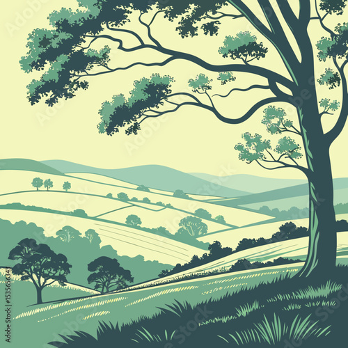  Majestic Tree Overlooking Green Rolling Hills Landscape