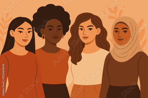 Diverse women group illustration. Female solidarity and sisterhood. Multi ethnic friends standing together. Empowerment, unity, and feminist concept for International Women's Day.
