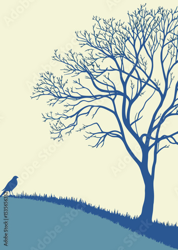  Blue Tree Silhouette with Raven on Hillside