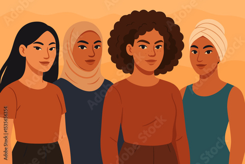 Group of diverse women standing together in solidarity. Concept of feminism, sisterhood, and female empowerment. Multicultural community for racial equality and women's rights.