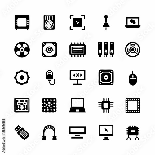 Design a clean, modern icon set depicting essential computer hardware components CPU, RAM, GPU, motherboard, hard drive, SSD, power supply, mouse, keyboard, monitor.