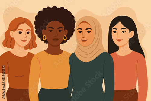 Group of diverse women standing together. Concept of female friendship, sisterhood, empowerment, and unity. Multicultural friends illustration for feminism, racial equality, inclusion.