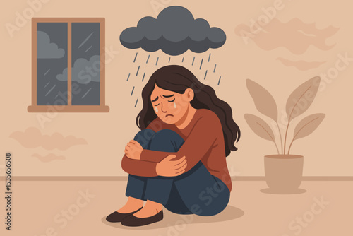 Sad woman crying under rain cloud. Metaphor for depression, anxiety, grief. Mental health awareness concept. Unhappy person feeling despair, loneliness, emotional stress and pain.