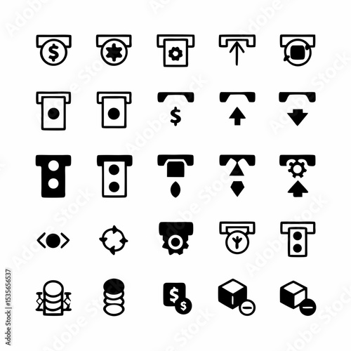 Design a set of clean, modern icons depicting currency exchange and ATM services, suitable for a financial app.