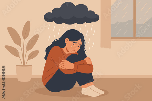 Depression concept. Sad woman crying under a rain cloud. Metaphor for mental health problems, anxiety, sadness, and grief. Unhappy lonely person feeling despair and stress.