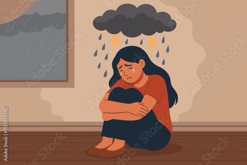 Depression and anxiety concept. Sad lonely woman crying under stormy cloud. Metaphor for mental health, grief, emotional pain, sorrow and despair. Psychology vector illustration.