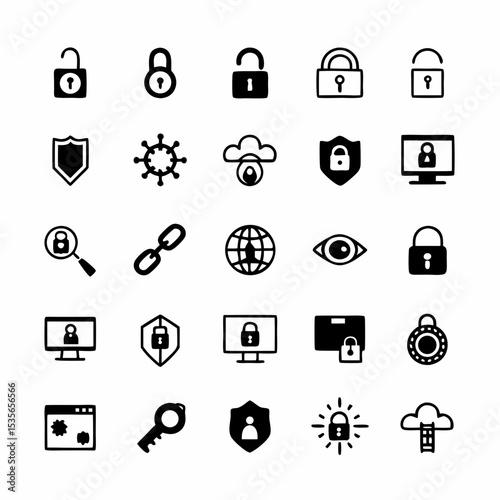 Create a vibrant vector icon set illustrating key cybersecurity concepts firewall, padlock, shield, virus, network, data protection, and user authentication.