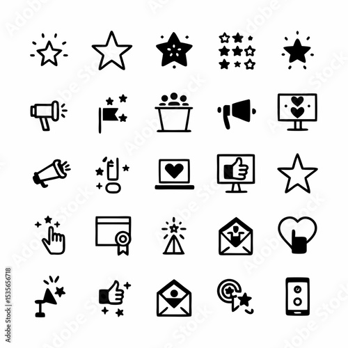 Design a set of vibrant, modern icons for a digital ad campaign, showcasing various marketing strategies like SEO, social media, email marketing, and paid advertising.