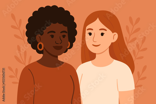 Two women friends portrait, diverse sisterhood concept. African American and Caucasian female friendship. Multicultural unity, support, solidarity, empowerment, and community.