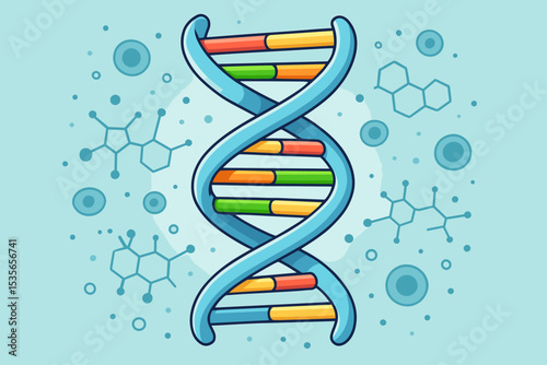 DNA helix structure vector illustration. Cartoon science background with genetic molecule and chromosome code. Biology, chemistry, and medicine concept for biotechnology research.