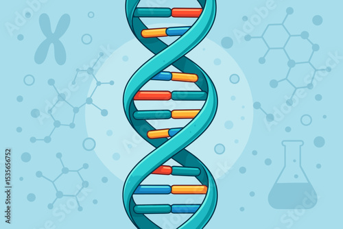 Science background with DNA double helix. Cartoon illustration of gene structure, chromosome, and molecule. Concept for genetics, biology, chemistry, and biotechnology research.