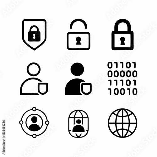 Create a visually engaging set of icons representing key aspects of digital identity and online privacy.  Include elements symbolizing data protection, security breaches, and user anonymity.