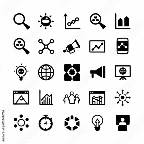 Design a vibrant icon set representing key digital marketing strategies SEO, SEM, social media, email, analytics, content marketing, and more.  Include modern, clean aesthetics.