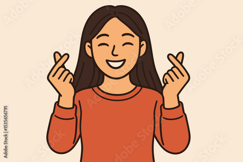 Korean finger heart gesture. Happy young Asian woman shows a love sign with her hands. Mini heart symbol of K-pop culture. Cute smiling girl character expresses affection vector.