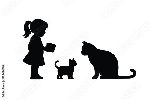 Silhouette of Girl Giving Food to Cats