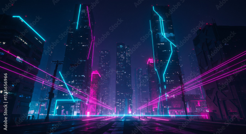 Obraz premium Neon Nightscape Futuristic City Buildings and Architecture