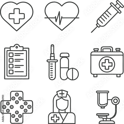 A Comprehensive Collection of Medical Icons and Symbols Depicting Various Healthcare Elements, Including the Heart, Syringe, Medical Box, Microscope, Nurse, Pills, and Clipboard in Outline Style
