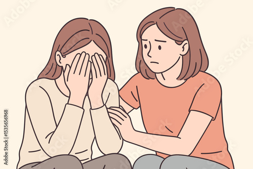Woman comforting her sad, crying friend. Friendship support and empathy concept. Helping a person with depression, grief, stress, or anxiety. Mental health care illustration.