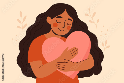 Self love concept illustration. Happy woman embracing a big pink heart. Mental health, wellbeing, and self care. Positive psychology, body positivity, and self acceptance.