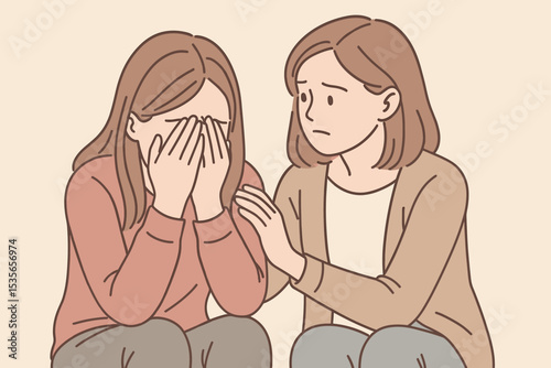 Woman comforts crying friend with hand on shoulder. Concept of support, empathy, compassion, and friendship. Mental health, helping with depression, grief, stress, and anxiety.