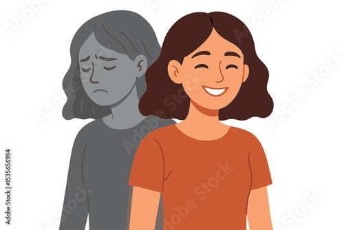 Woman with two faces, happy and sad, representing a mood swing. Bipolar disorder metaphor for mental health. Psychology illustration of depression and a split personality.